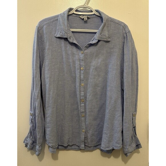 Orvis XL Women Button Up Shirt Blue Linen Rayon Blend Long Sleeve Adult Woven - Picture 1 of 5
